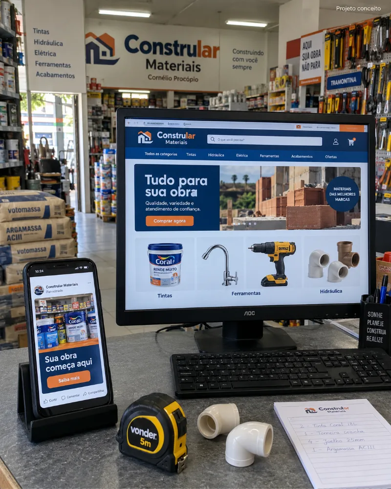 Balcão da Constrular Materiais com a loja online no monitor e um anúncio no celular