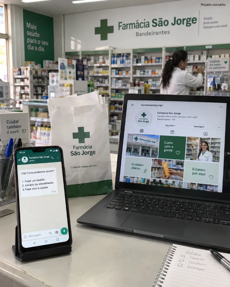 Balcão da Farmácia São Jorge com o perfil no notebook e o WhatsApp automático no celular